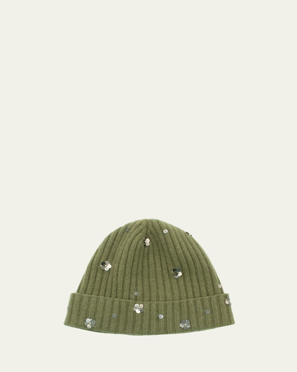 Sequin Floral Ribbed Cashmere Beanie